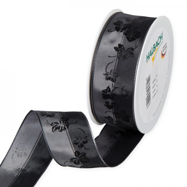 Saten trak- š:4cm x d:20m - Siv/Črn bršljan