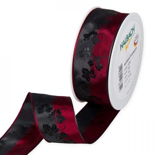 Saten trak - š:4cm x d:20m - Črn/Rdeč bršljan